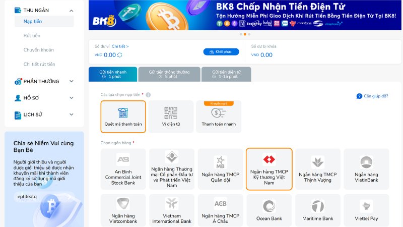 Chi tiết 4 cách nạp tiền BK8 an toàn